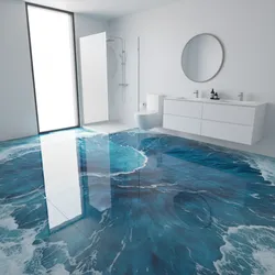 Modern white bathroom featuring blue 3D ocean wave floor tiles with white double sink cabinet
