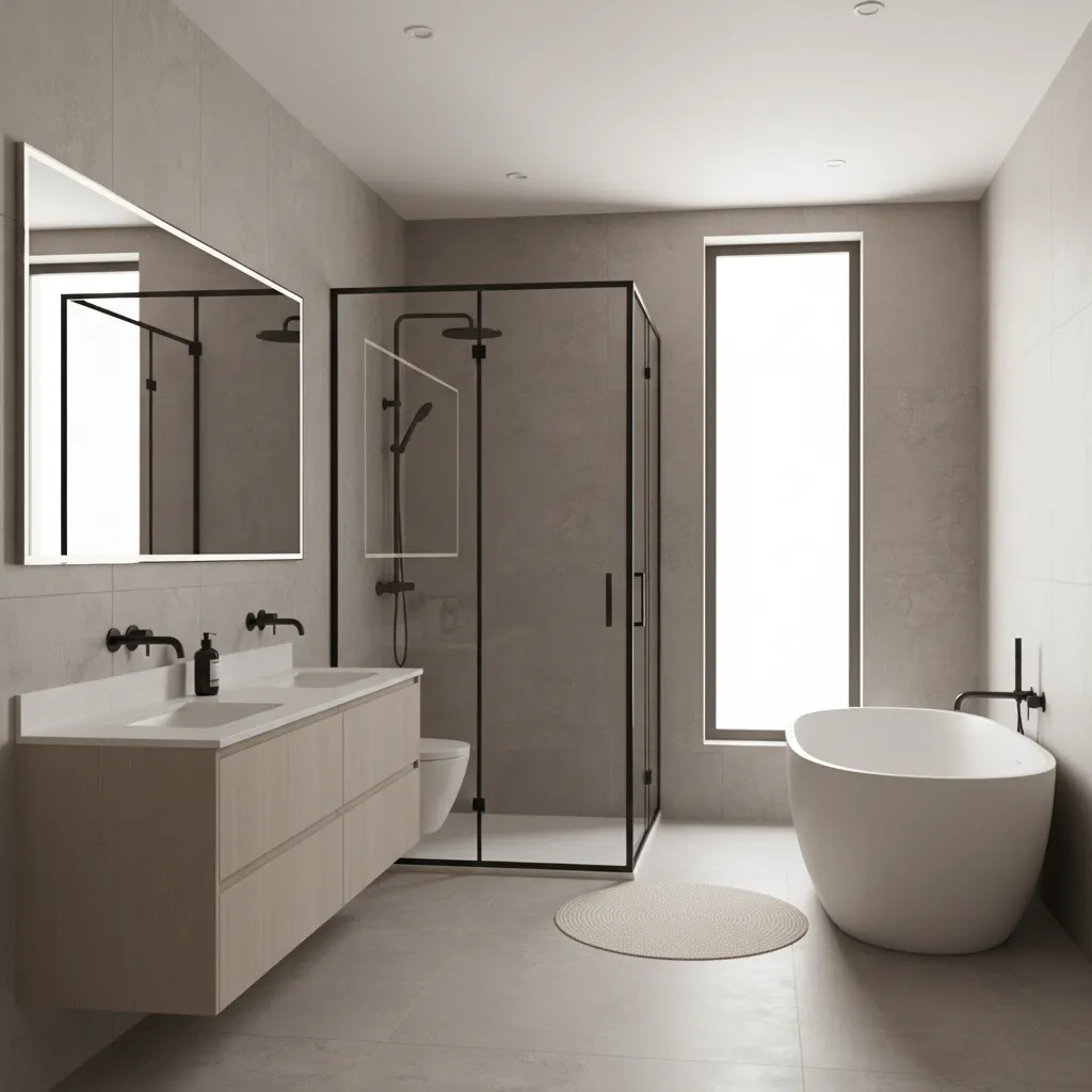 realistic 3D bathroom visualization showing vanity shower and tile design