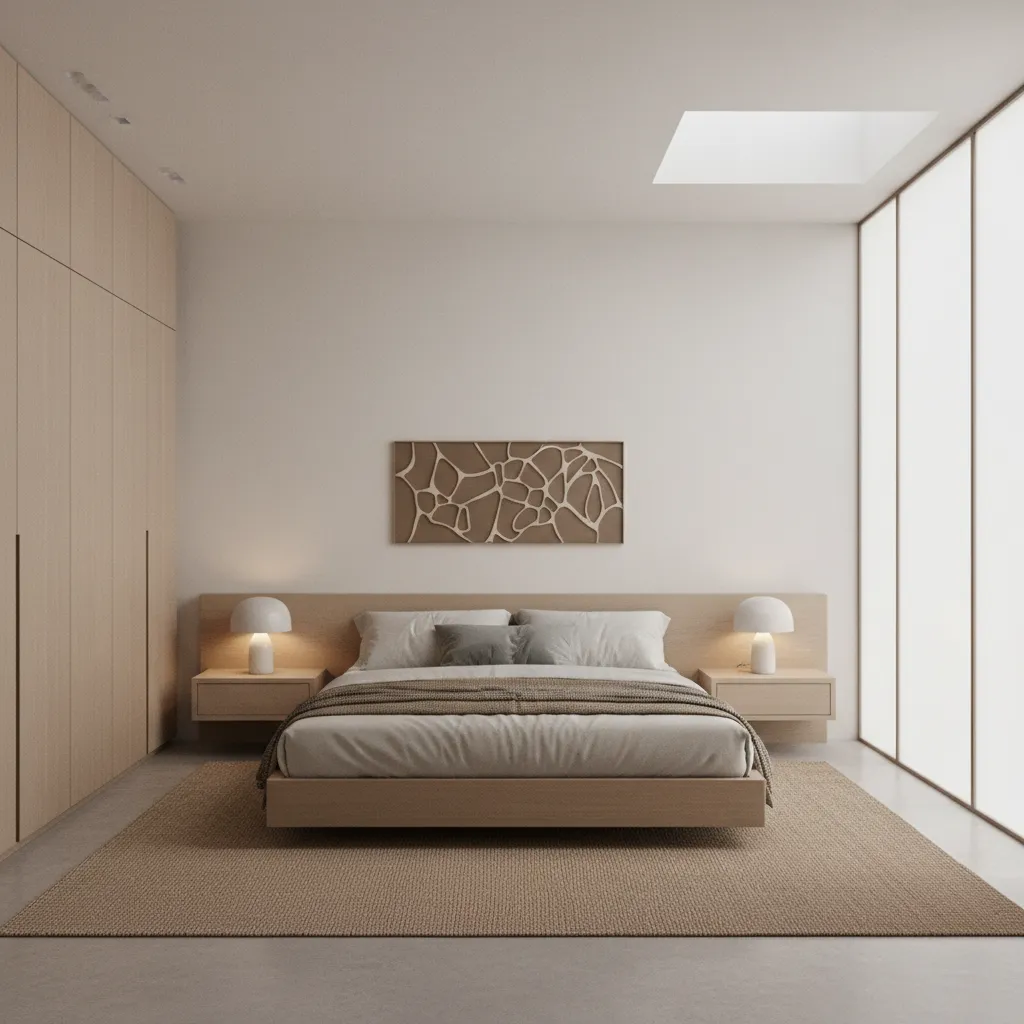 3D rendered minimalist bedroom layout planning scene