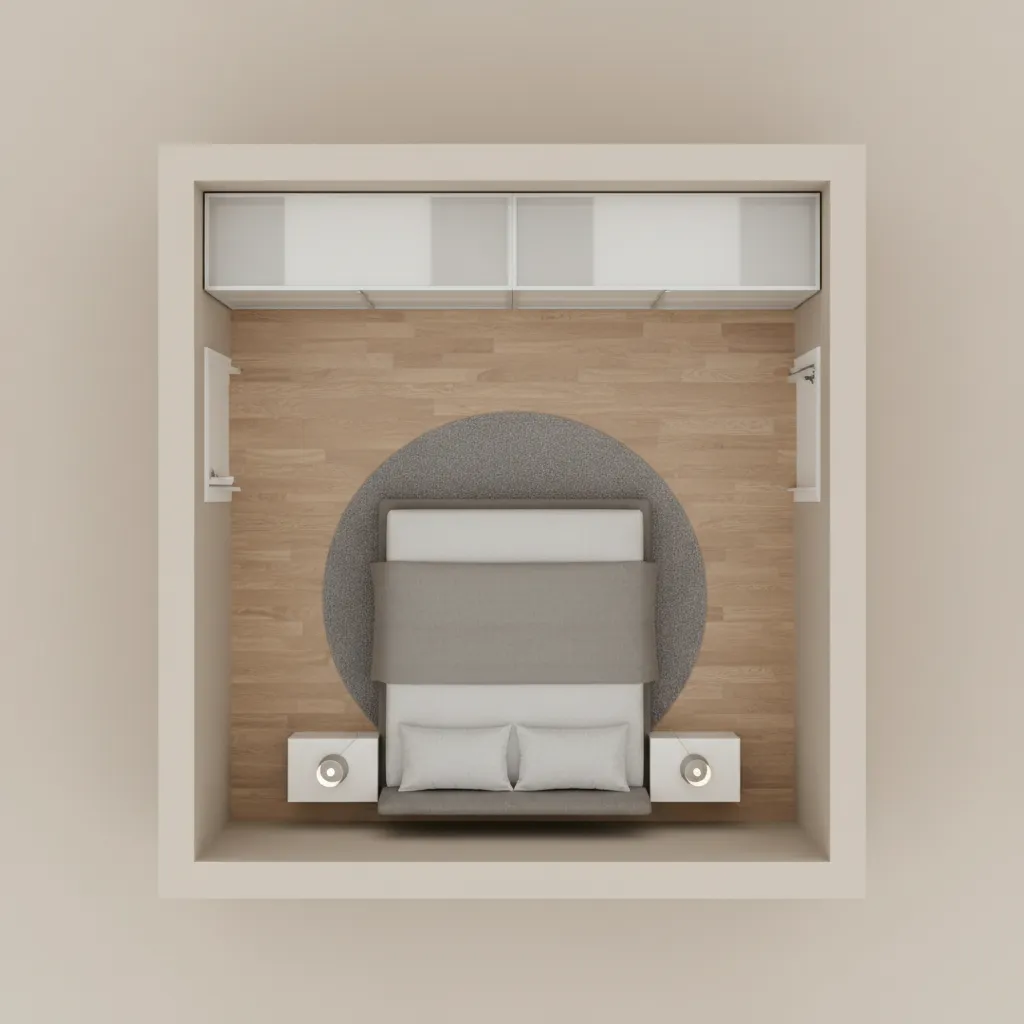 Mô hình bố trí phòng ngủ 3D với giường tủ và lối đi