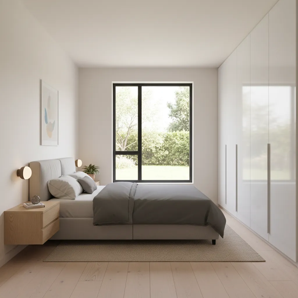 Visualisasi kamar tidur dalam rumah kecil dengan furnitur realistis