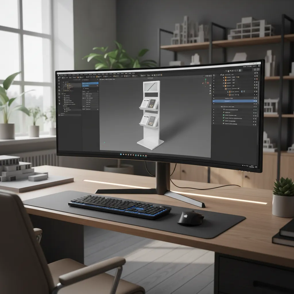 3D software screen showing brochure stand model import settings and preview