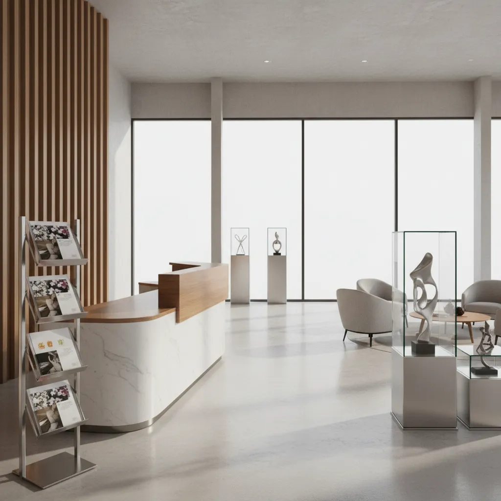 3D brochure stand model used inside a retail interior visualization layout