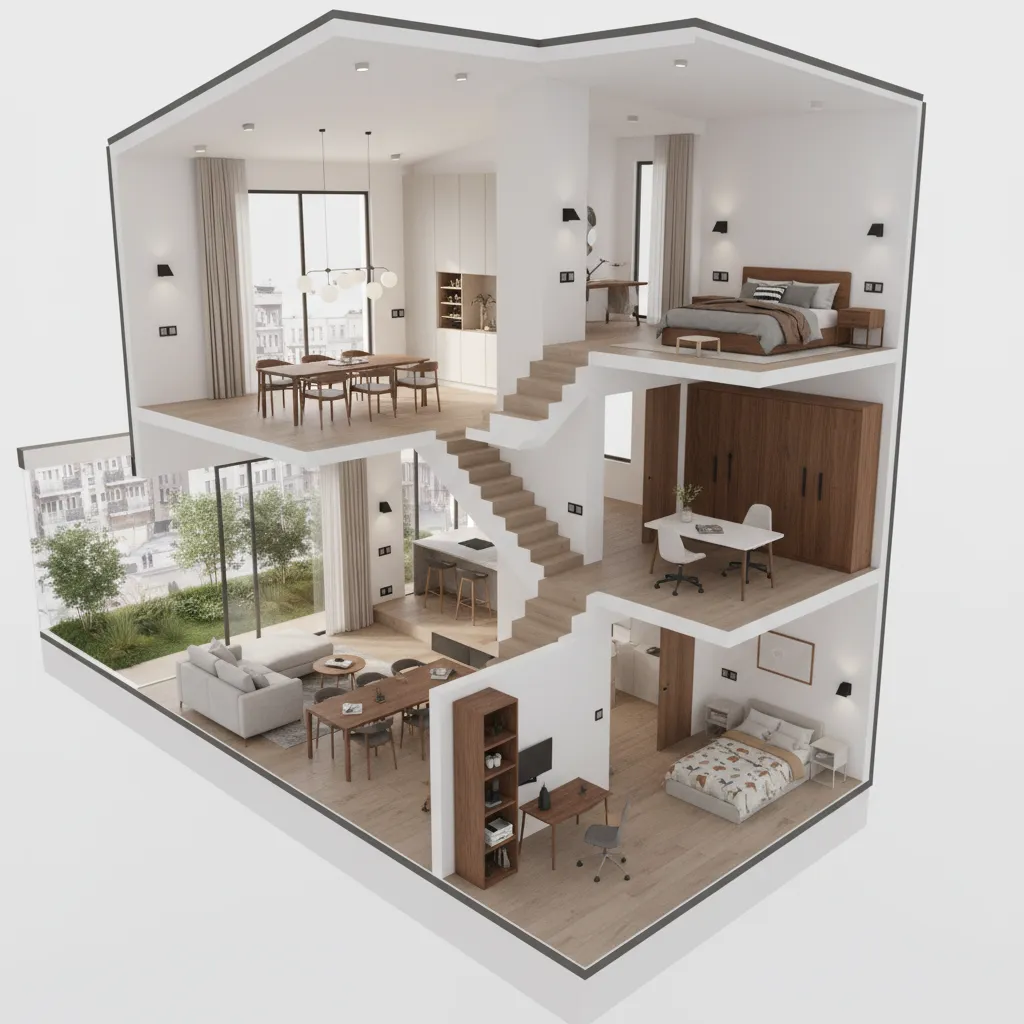 3D building floor layout showing lighting placement and electrical planning within architectural model