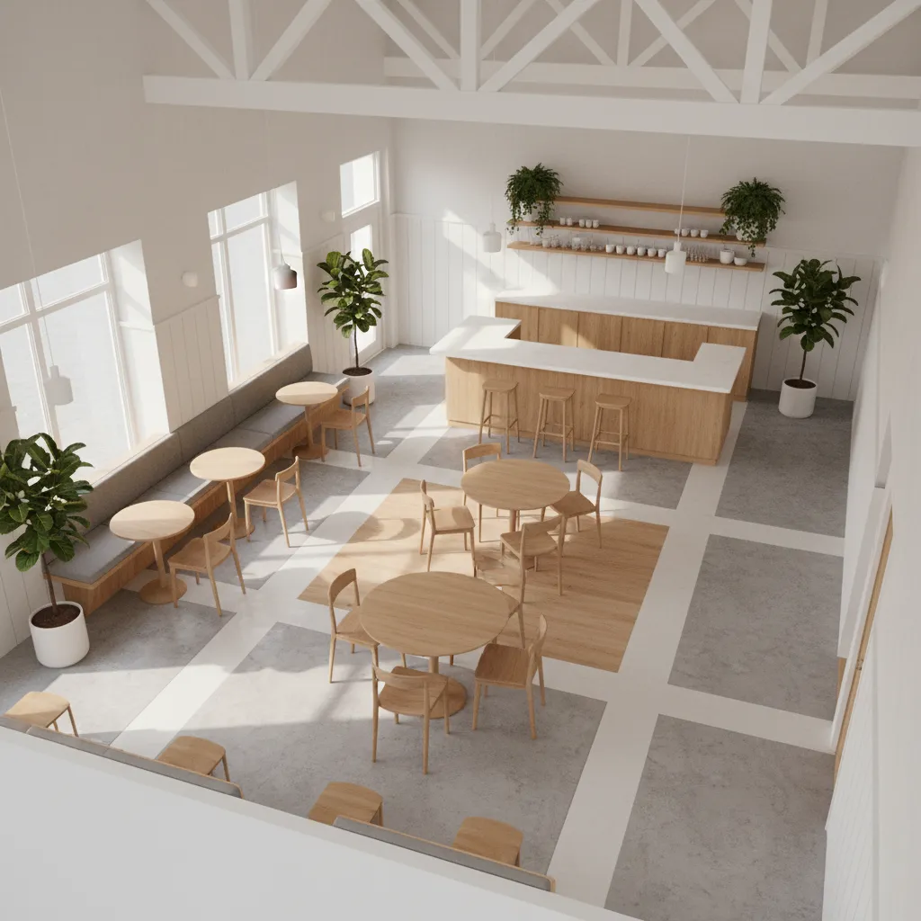 3D visualization of a modern cafe floor plan with tables, bar counter and seating layout