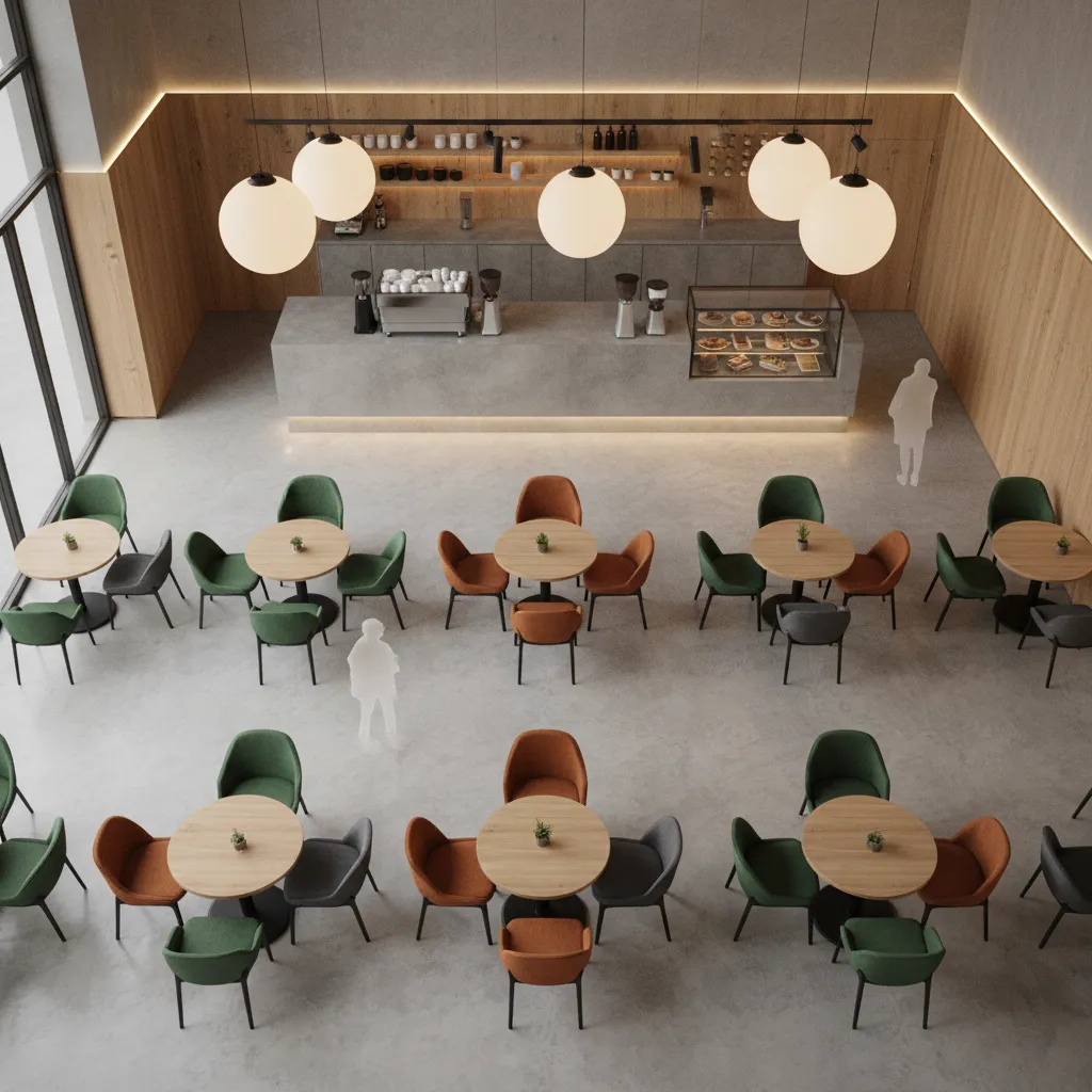 3D visualization of cafe seating layout and customer circulation
