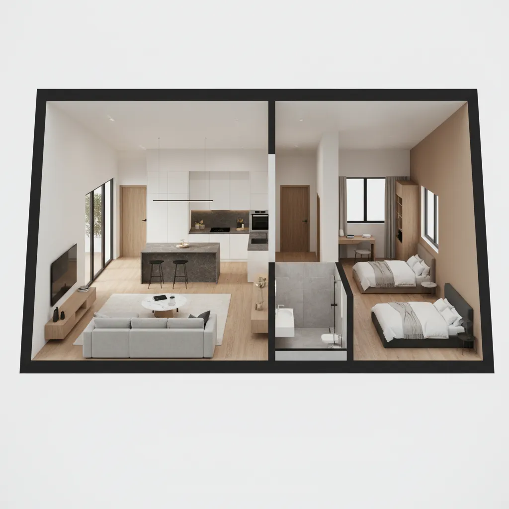 Mô phỏng 3D bố trí không gian nhà cấp 4 mái tôn