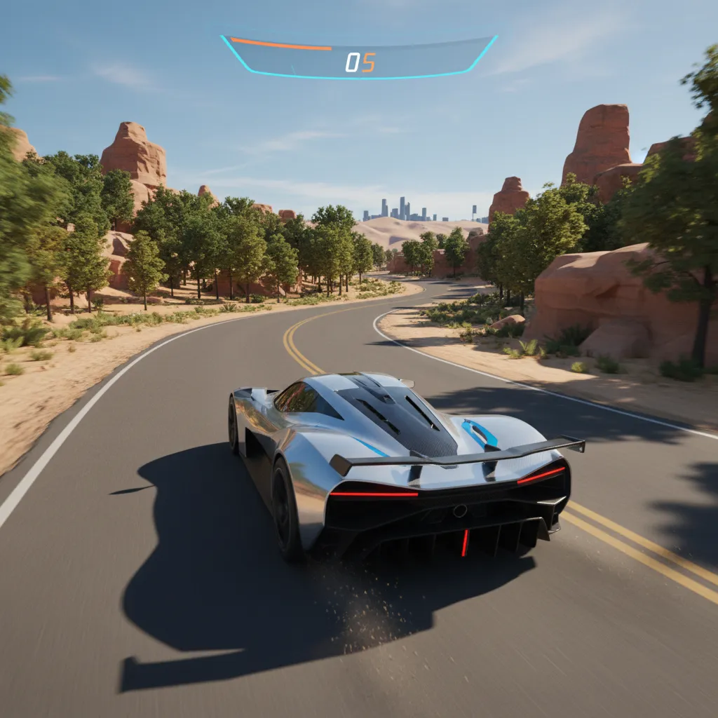 Realistic 3D car model driving inside a detailed video game environment
