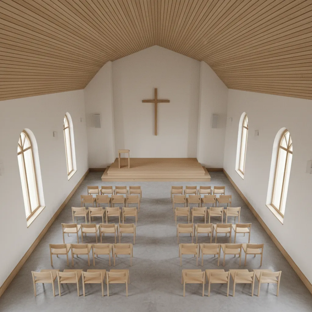 3d visualization of small chapel floor plan with stage and seating layout