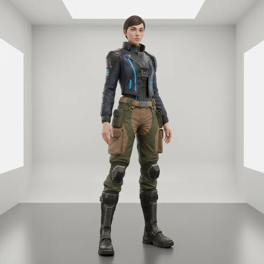 3D character wearing pre made clothing assets from a library