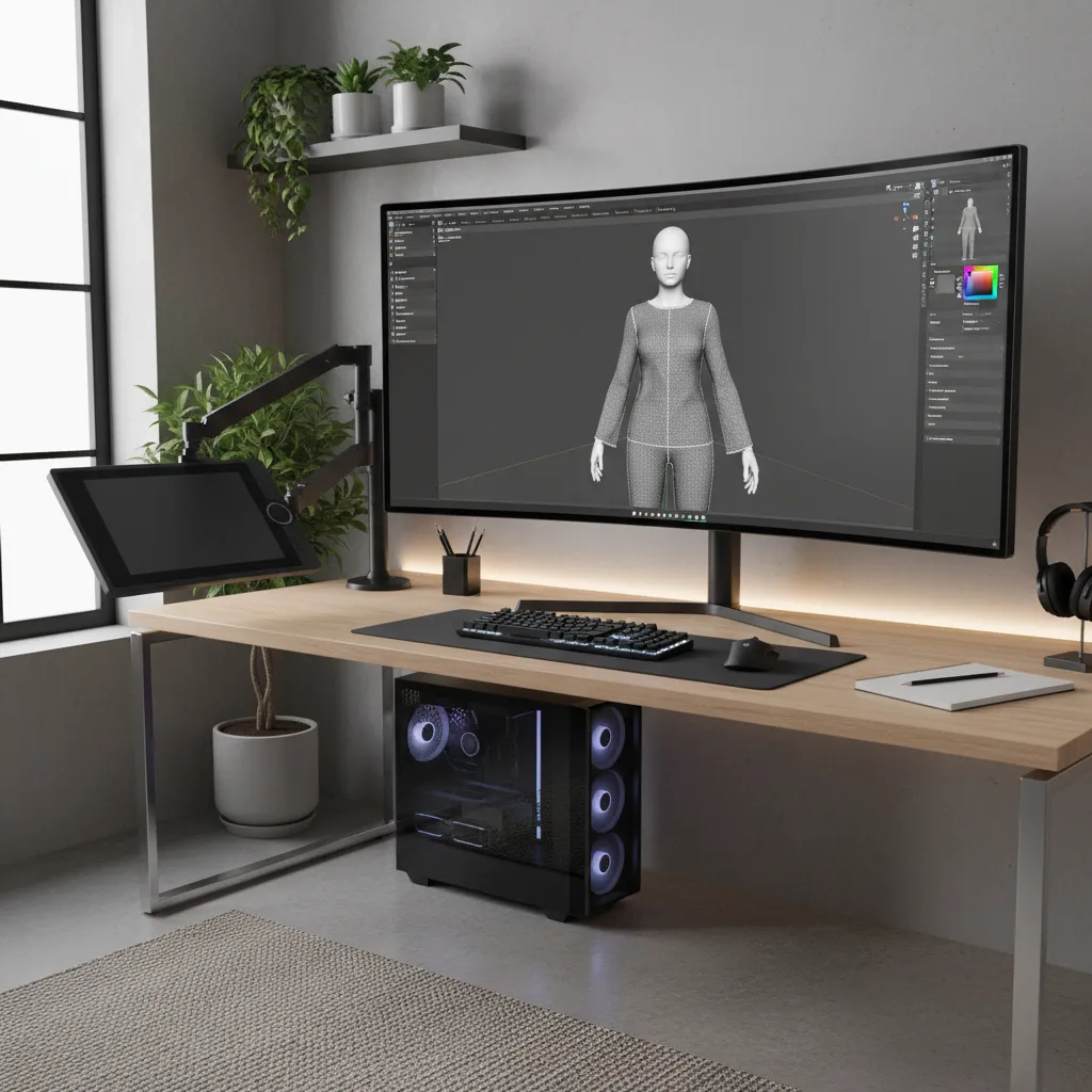 3D artist workspace showing character with clothing layers in modeling software