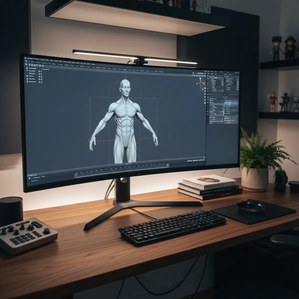 3D character model being sculpted in Blender on a computer screen