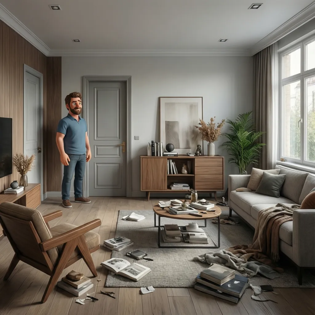 3D character standing inside architectural room showing scale relative to door and furniture