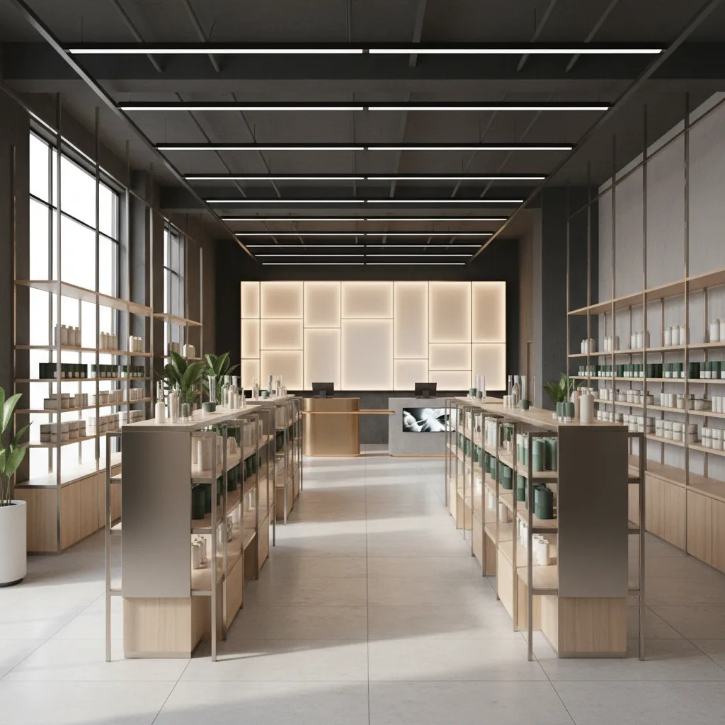 Visualización 3D de diseño interior de un espacio comercial