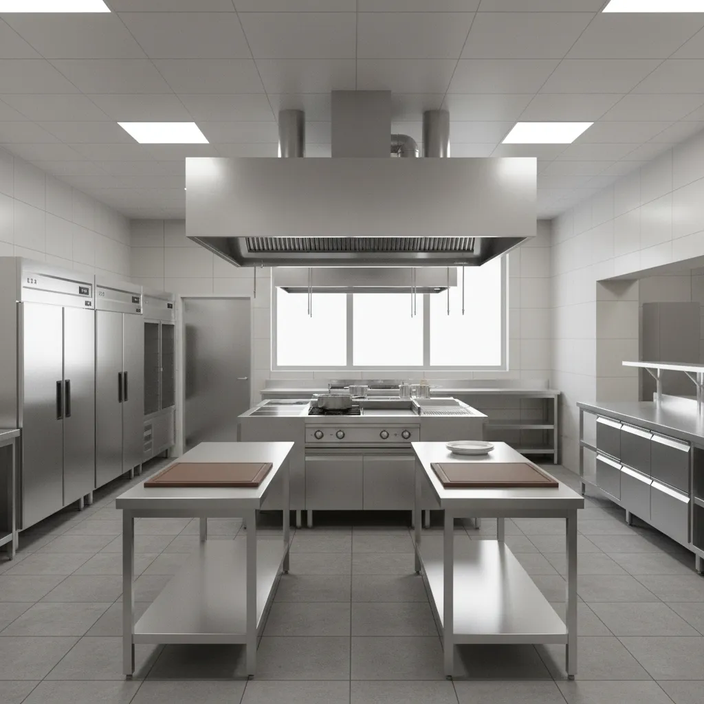 3d rendered commercial kitchen design showing prep and cooking stations