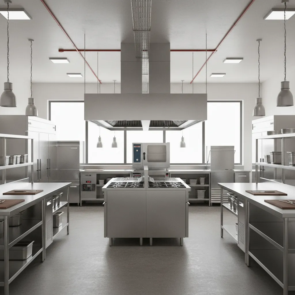 3D rendered commercial kitchen design preview with stainless appliances and workstations