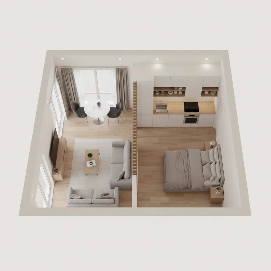 Realistic 3D floor plan showing furniture scale in a 480 sq ft apartment
