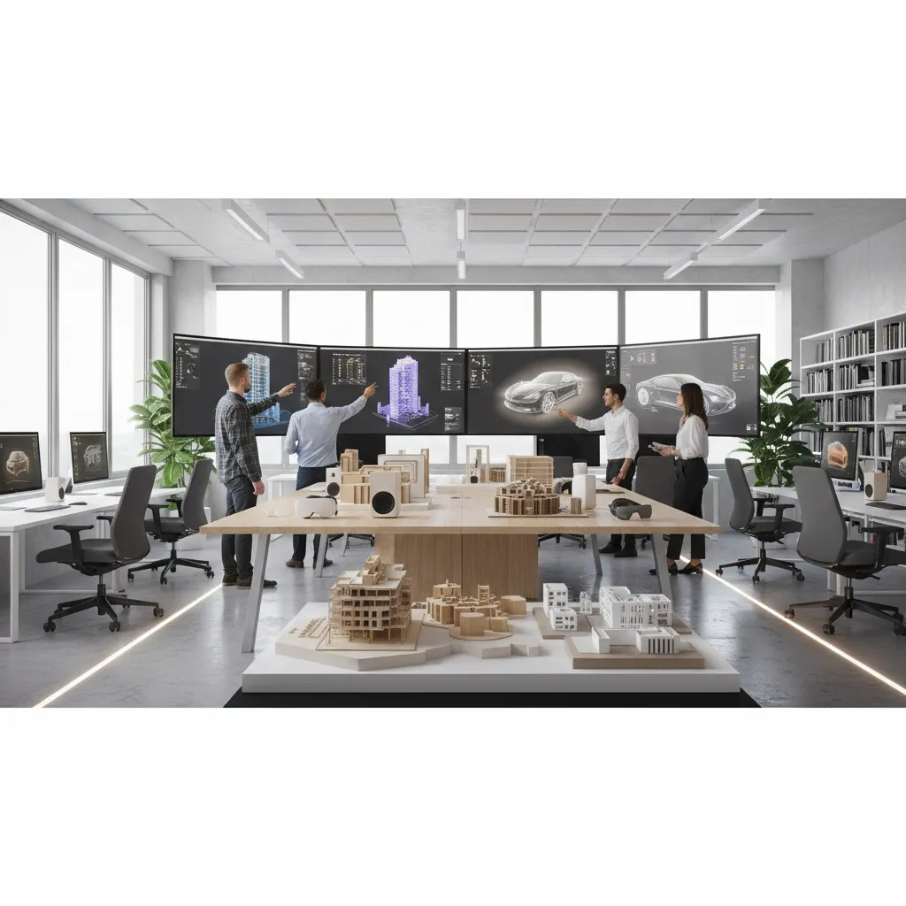 Design team reviewing 3D models on large screens in a modern creative studio