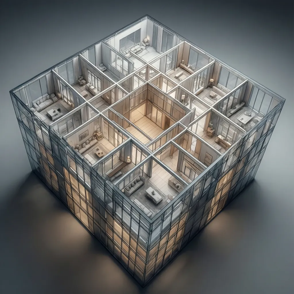3D model visualization of cube building layout and structural grid
