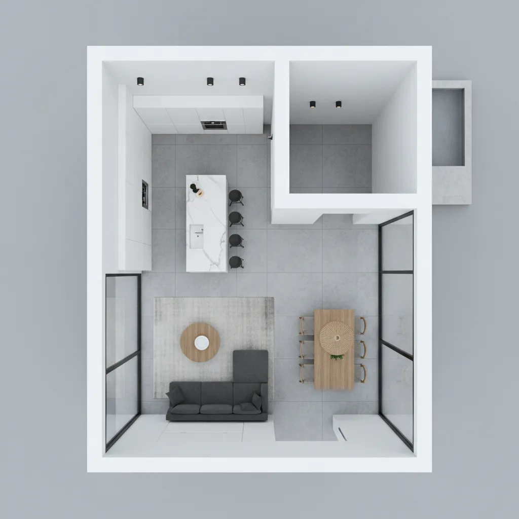 Render 3D de distribución interior en una casa cúbica moderna