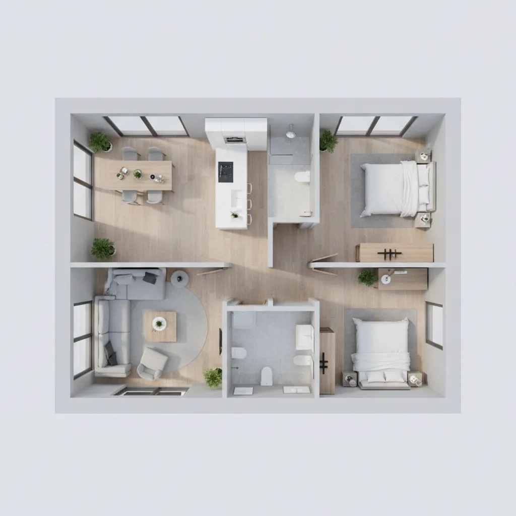 Visualisasi 3D denah rumah ukuran 10x10