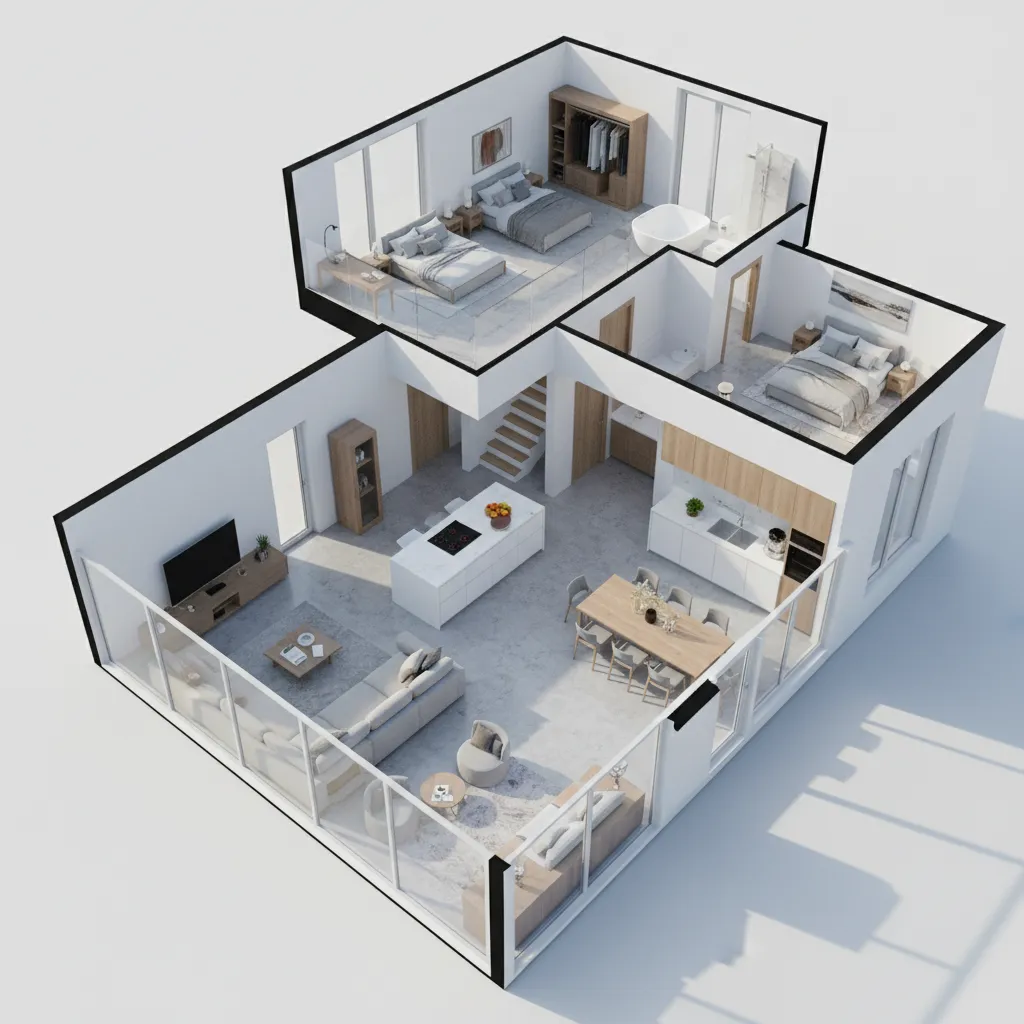 Visualisasi 3D denah rumah dengan empat kamar