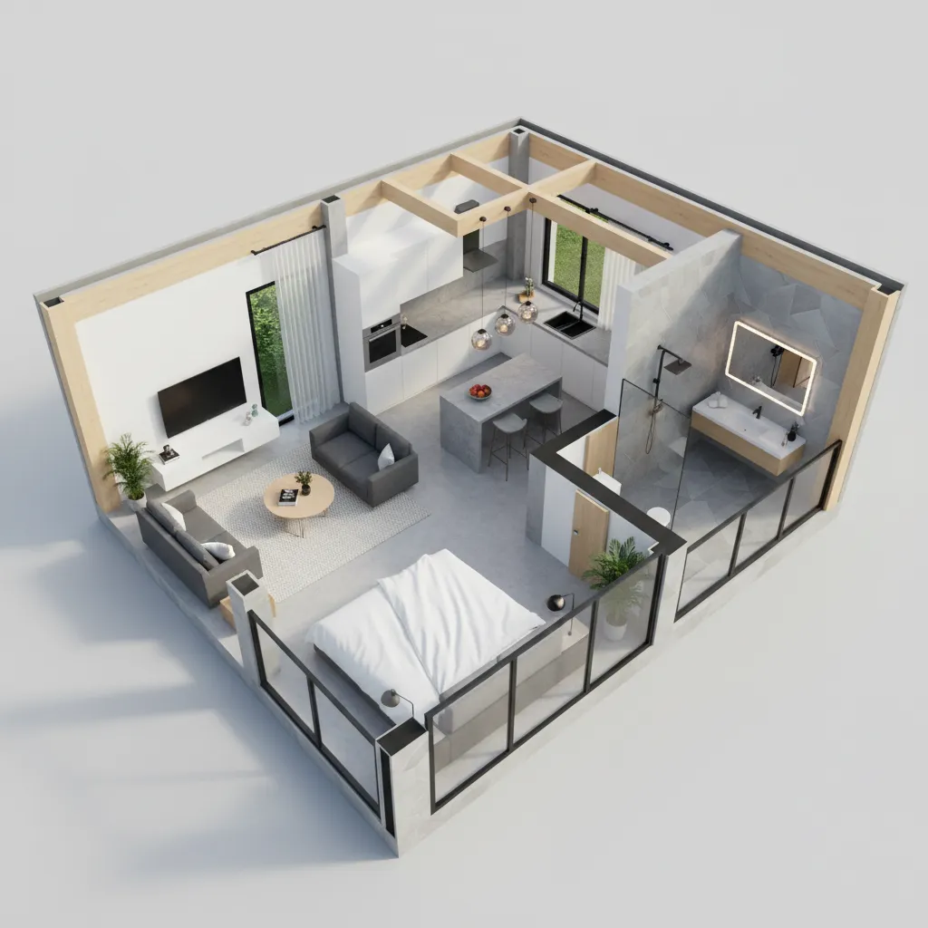 Visualisasi 3D denah rumah kecil