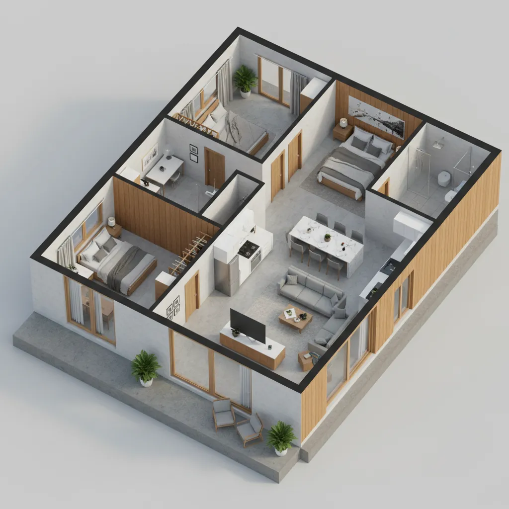 Modern 3D interior design drawing featuring three bedrooms two bathrooms grey sofa and dining table