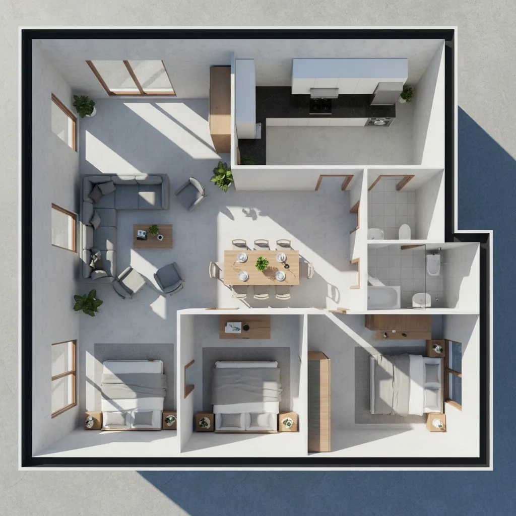 Visualisasi denah rumah 7x14 dalam tampilan 3D