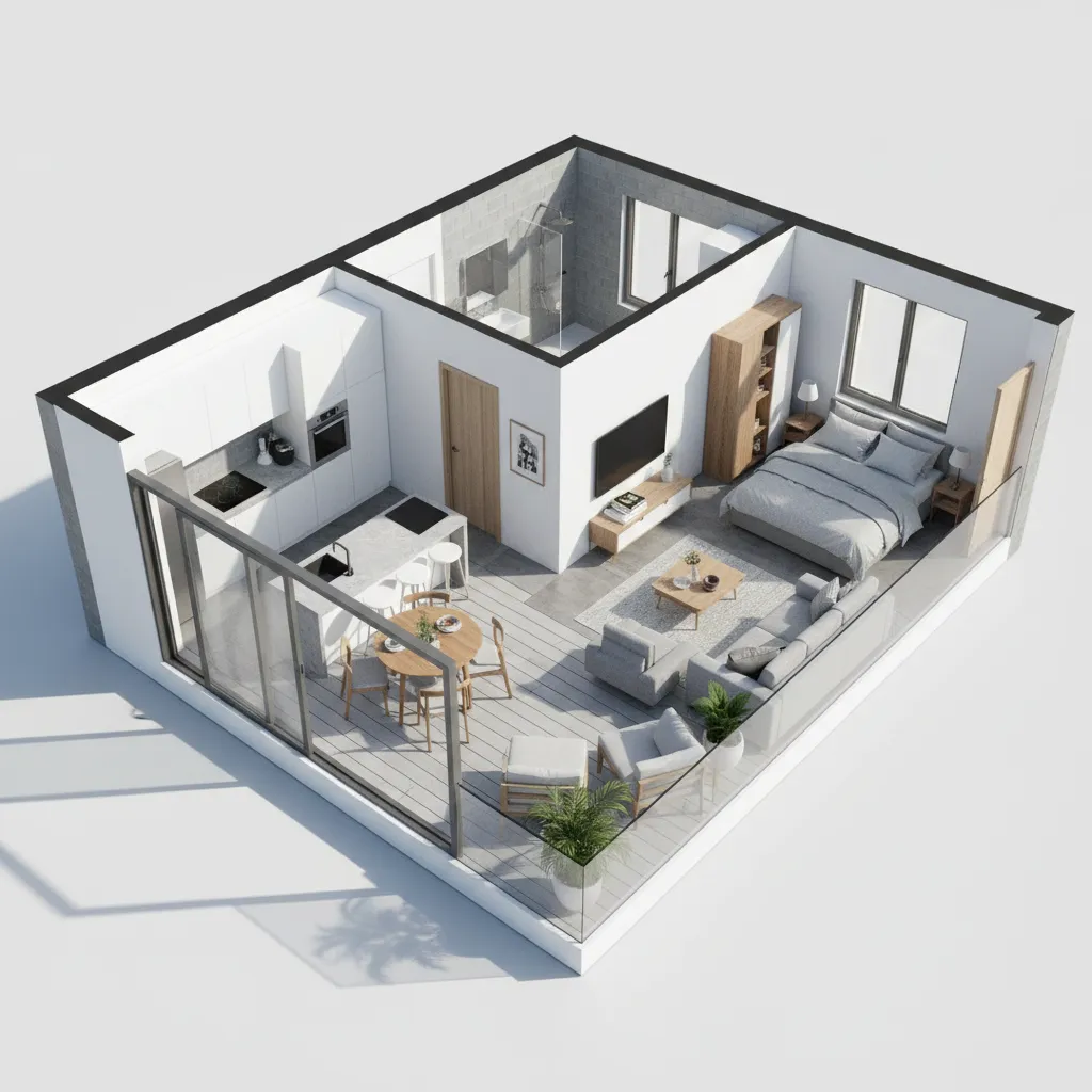 Visualisasi 3D denah rumah kecil dengan teras samping