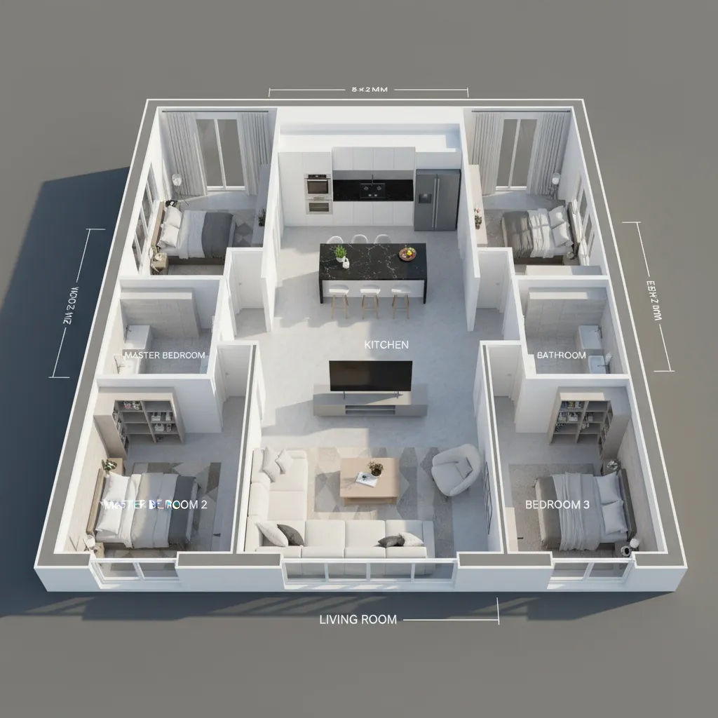 Denah rumah 3D ukuran 8x12 dengan tiga kamar