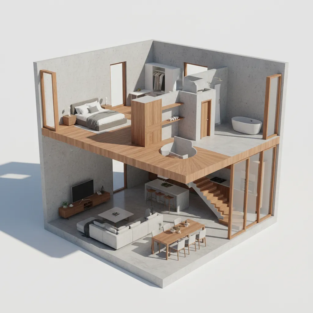 Visualisasi denah rumah dua lantai dalam tampilan 3D