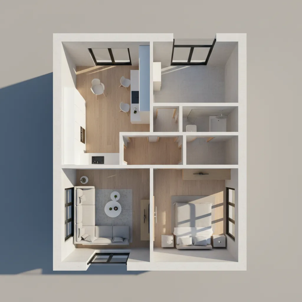 Visualisasi denah rumah kecil dalam tampilan tiga dimensi
