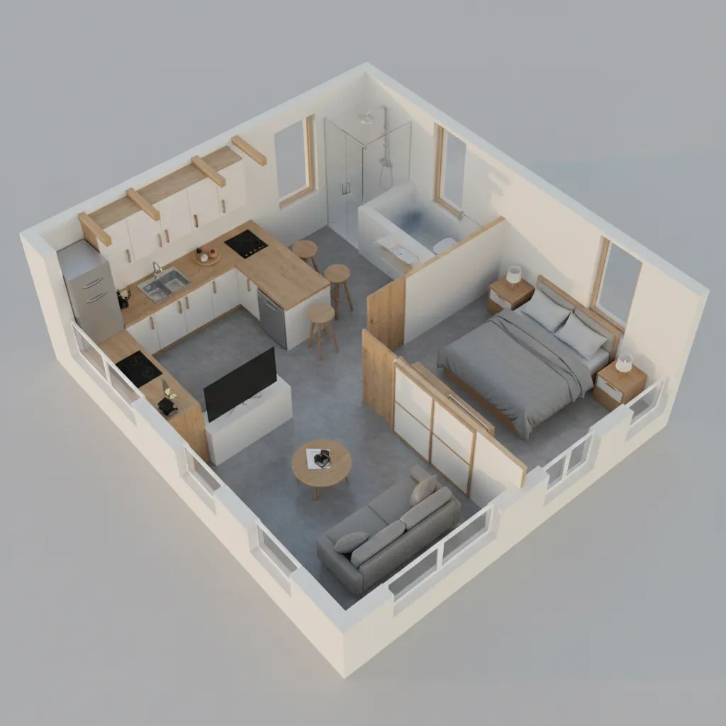 3D interior design drawing of small apartment with kitchen living room bedroom and bathroom layout