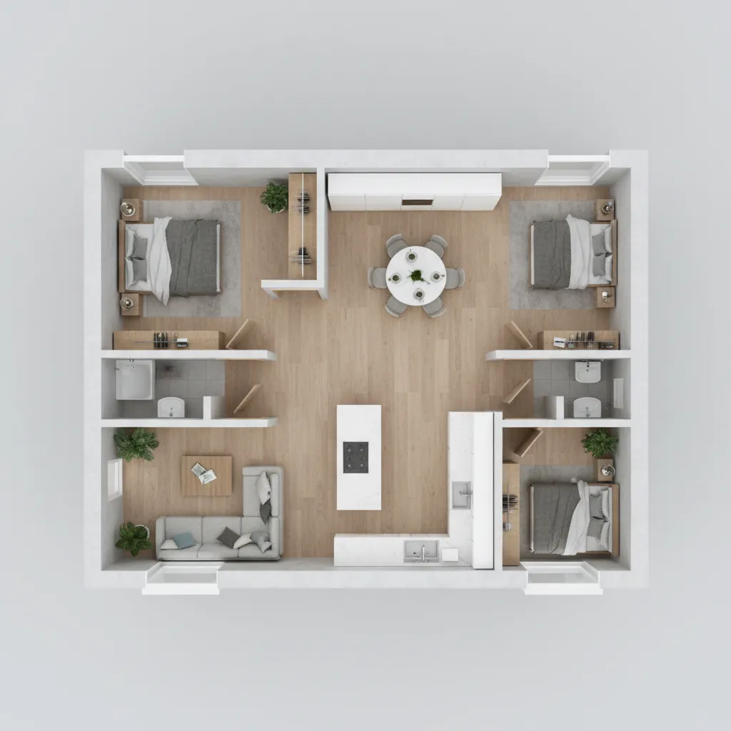 Top down interior design drawing with three bedrooms living room kitchen dining table and flooring