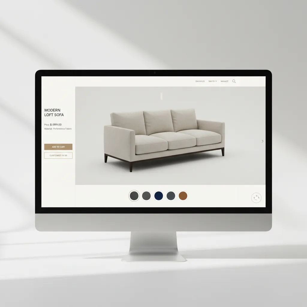 Interactive 3D furniture product visualization on an ecommerce website interface