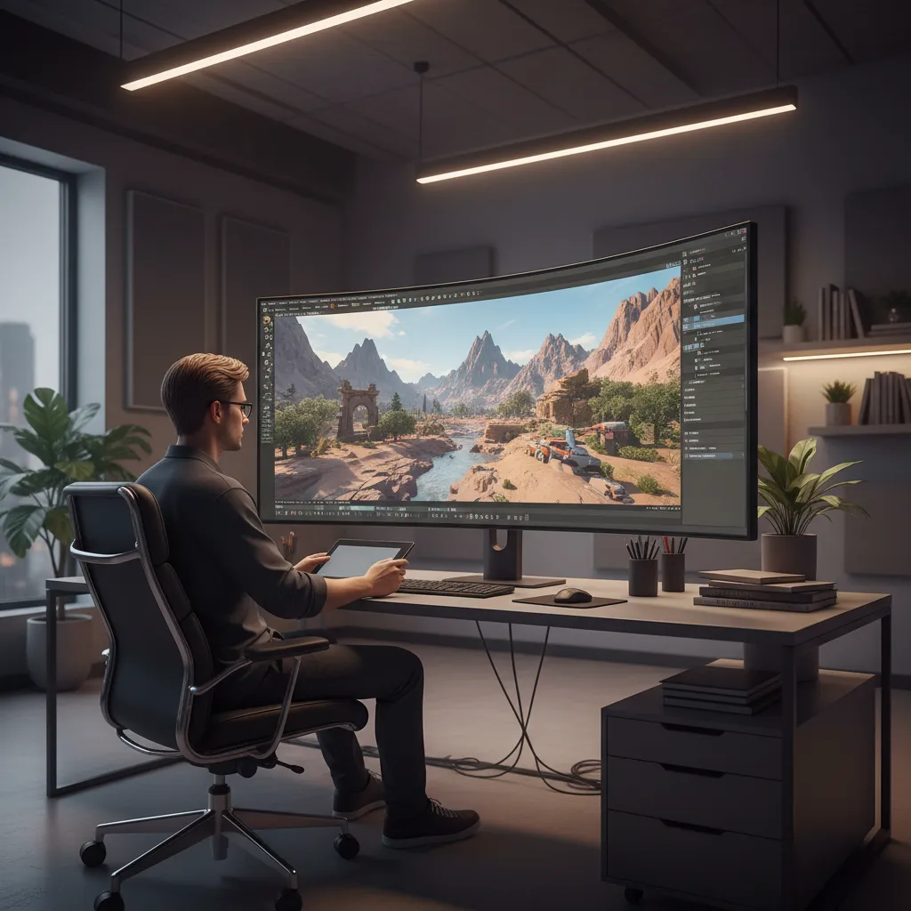 Artist sitting at a desk using a large wide curved screen to design desert scenery