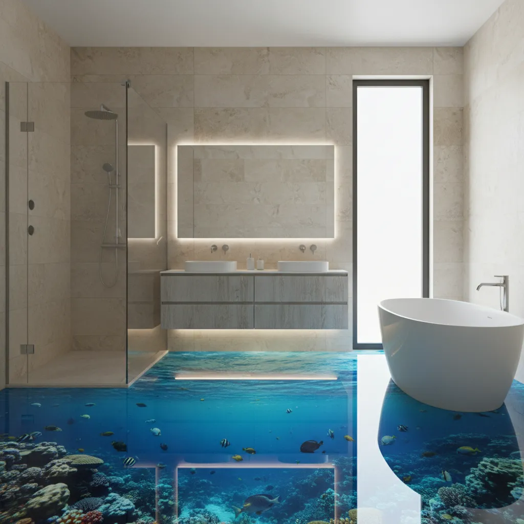 bathroom with ocean themed 3D epoxy floor design and modern fixtures