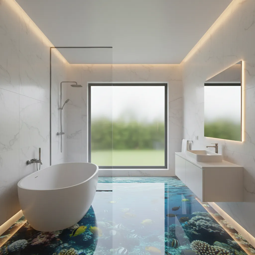 Bathroom with underwater themed 3D epoxy floor design