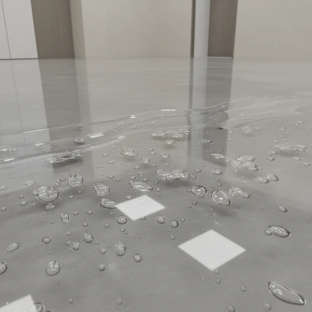 Close up of grey floor surface showing many small air bubbles in clear liquid layer