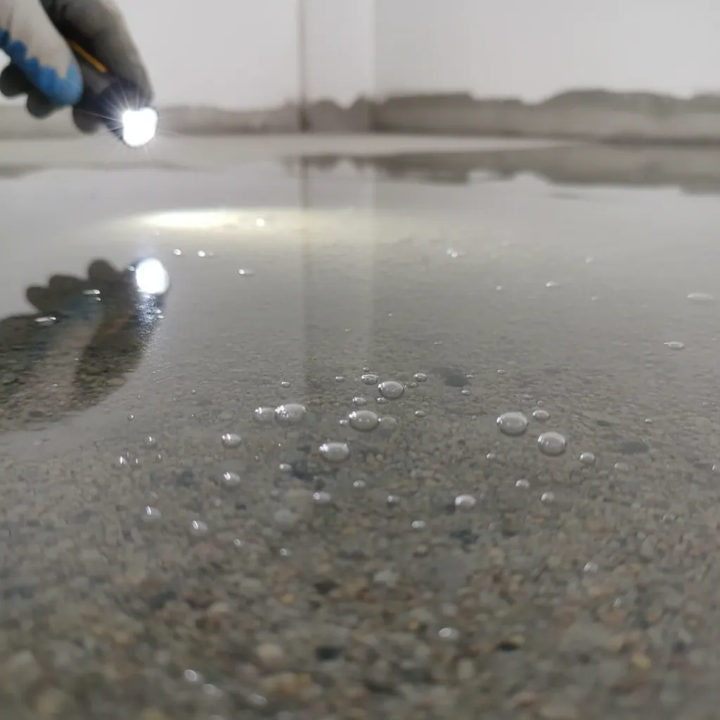 Close view of epoxy floor surface with visible air bubbles