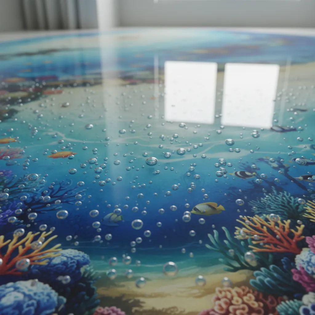 Close up of air bubbles forming on a 3D epoxy floor surface