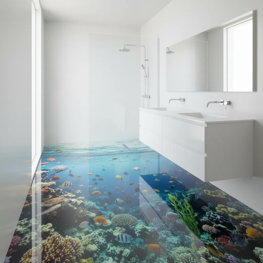 White modern bathroom with double sinks and mirrors featuring a 3D coral reef floor design