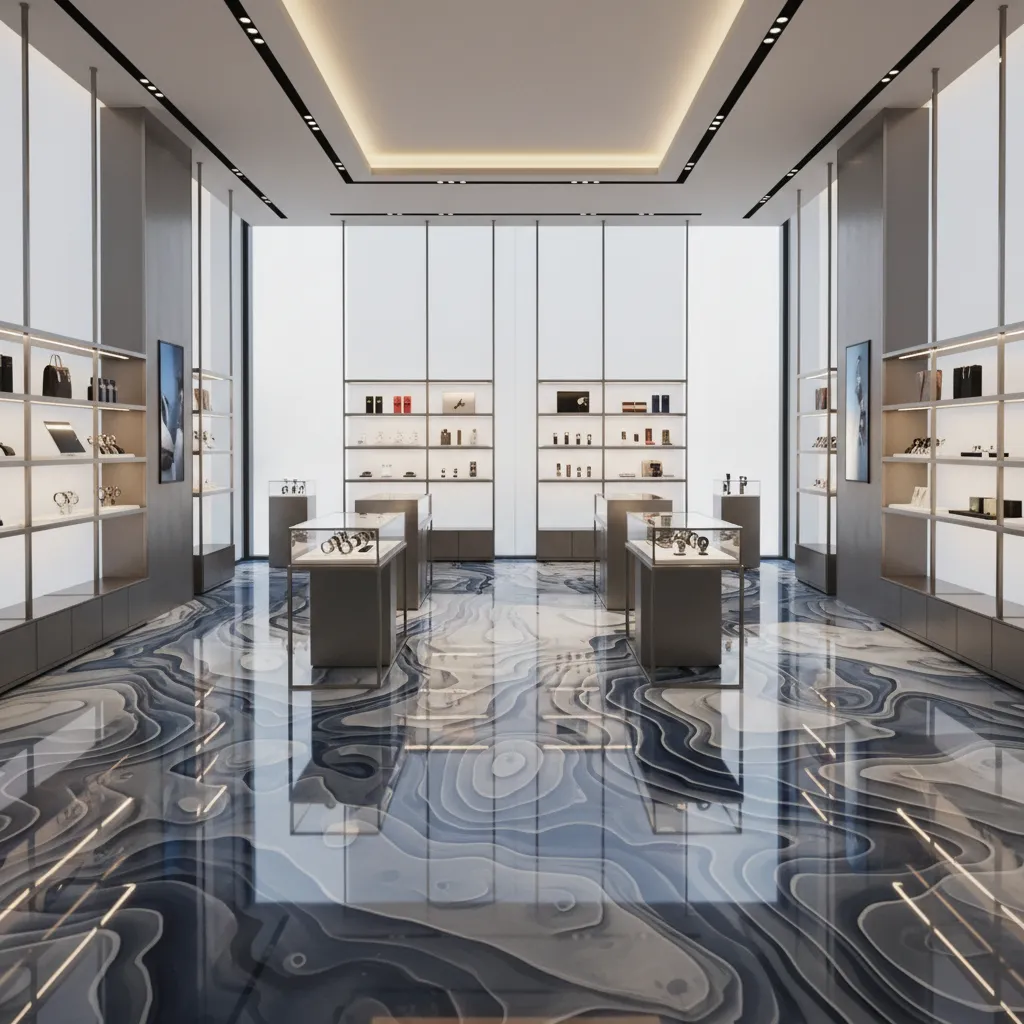 Showroom space demonstrating custom 3D epoxy floor graphics