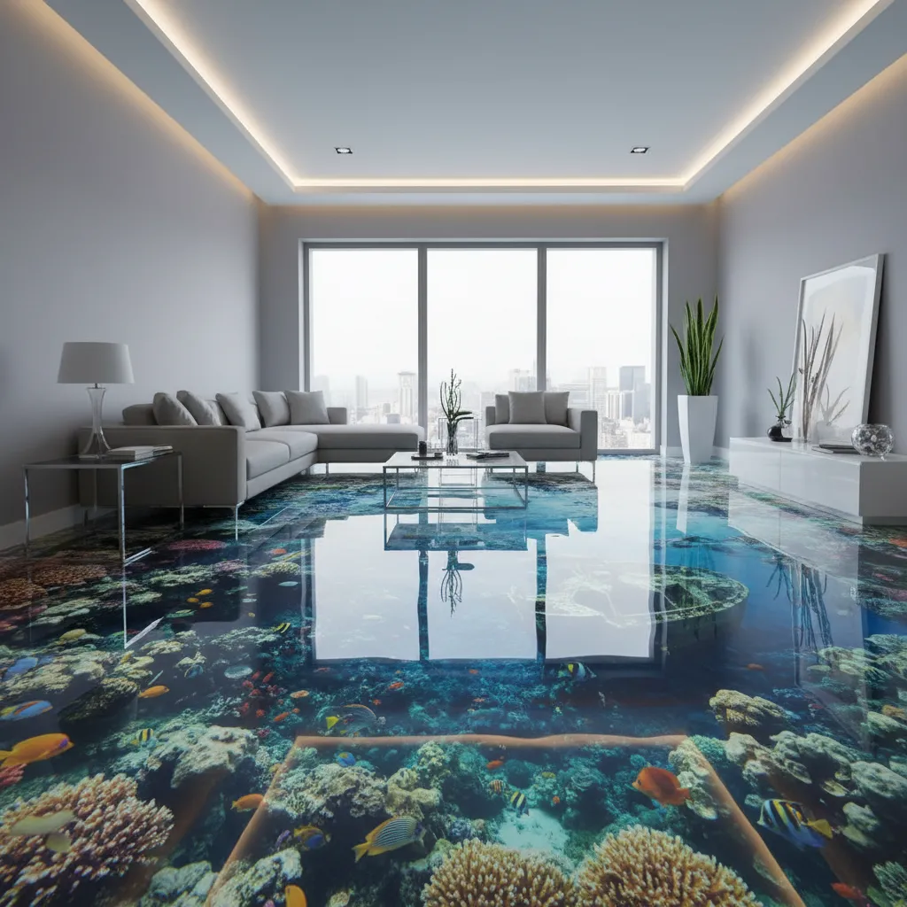 Living room with grey sofa and window showing floor with 3D underwater fish design scene
