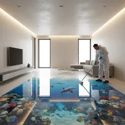 Worker in white suit applying coating to 3D underwater scene floor in a living room
