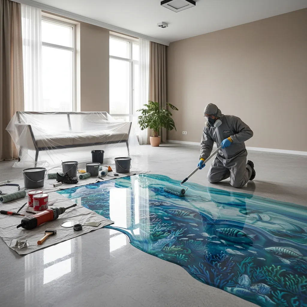 Technician installing 3D epoxy flooring in residential room