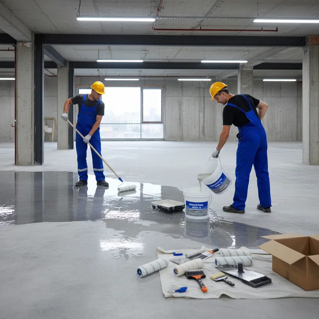 Workers installing epoxy layers for 3D flooring