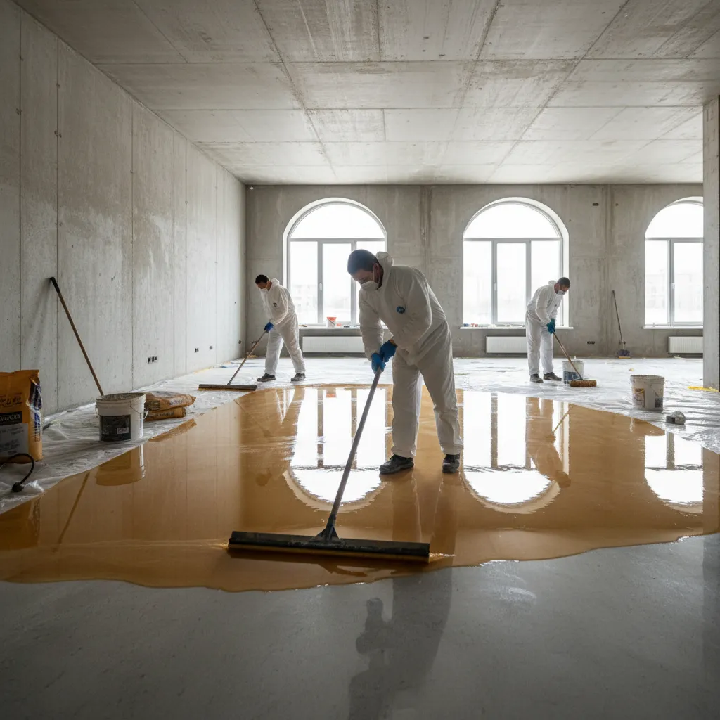 workers installing glossy epoxy floor coating during construction