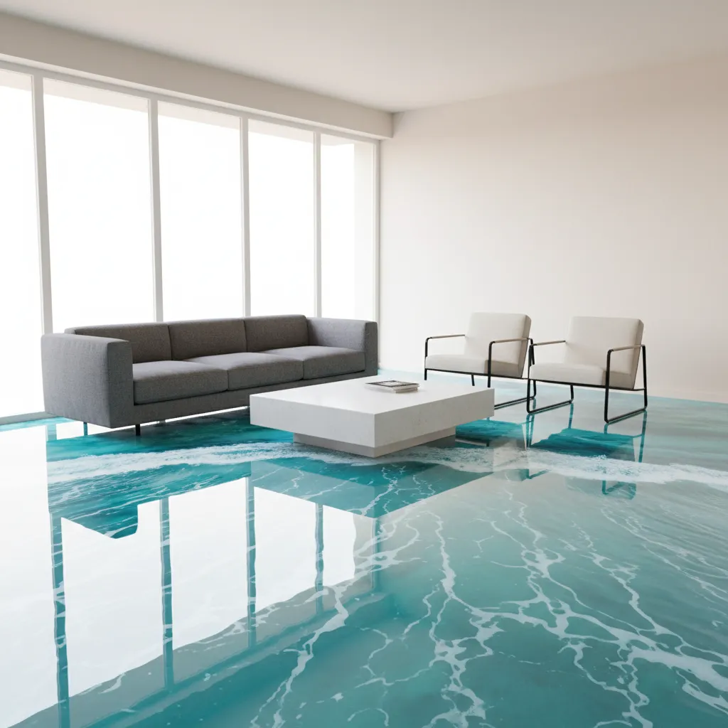 Modern living room interior with glossy 3D epoxy floor design